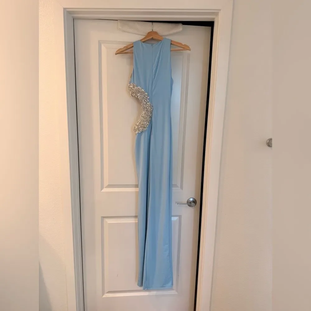 NWOT BRONX AND BANCO Camila Rhinestone Cutout Maxi Dress in powder blue - Picture 8 of 14